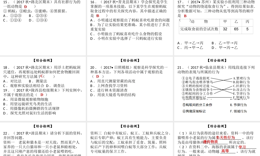八年级生物上册 第五单元 第16章 动物的行为综合检测课件 （新版）北师大版-（新版）北师大级上册生物课件