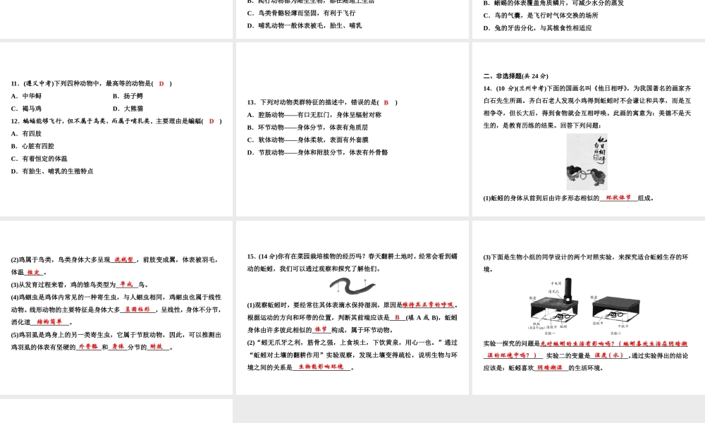 八年级生物上册 第5单元 第一章 动物的主要类群双休自测习题课件 （新版）新人教版-（新版）新人教级上册生物课件