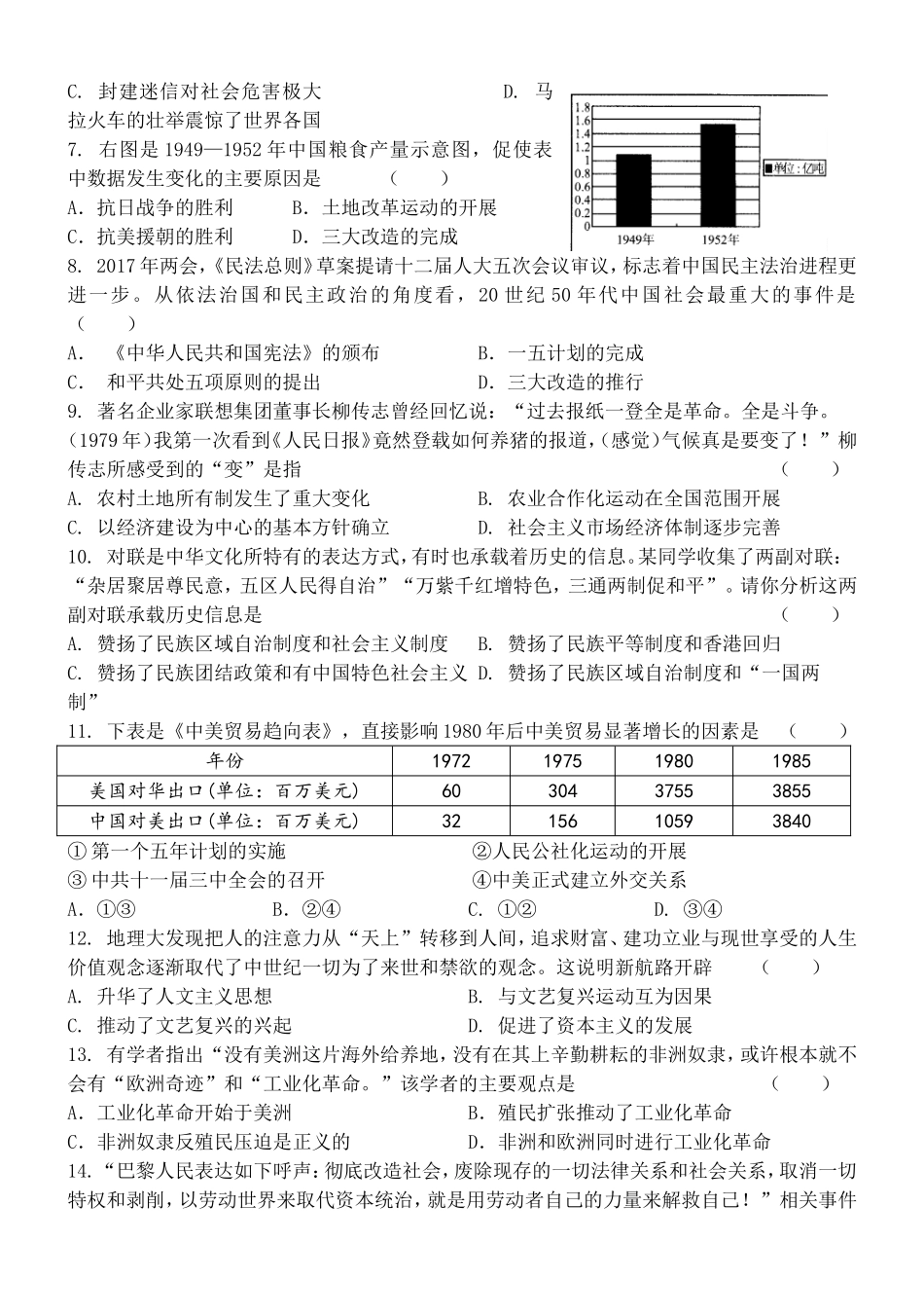 河南师大附中2026学年九年级第一次模拟考试《 历 史 》试卷_第2页