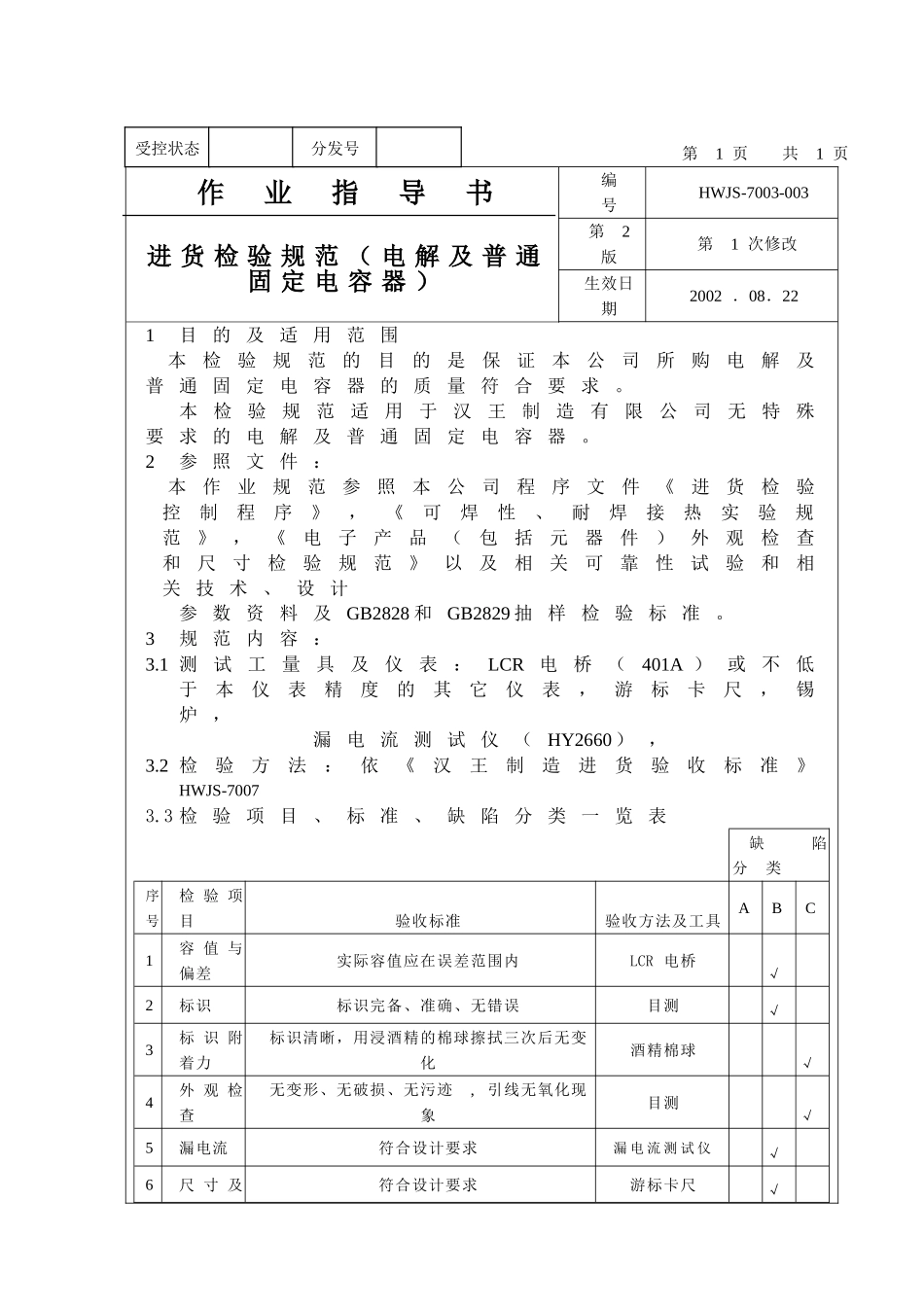 进货检验规范（电解及普通固定电容器）_第1页
