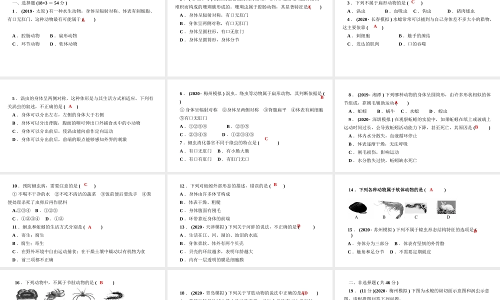 八年级生物上册 第五单元 生物圈中的其他生物 第一章 动物的主要类群 周周清1课件 （新版）新人教版-（新版）新人教版初中八年级上册生物课件