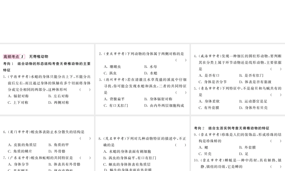 八年级生物上册 第五单元 第一章 动物的主要类群高频考点突破习题课件 （新版）新人教版