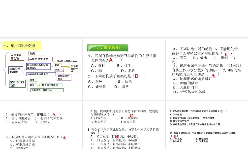 八年级生物上册 第一章各种环境中的动物期中复习课件 人教新课标版