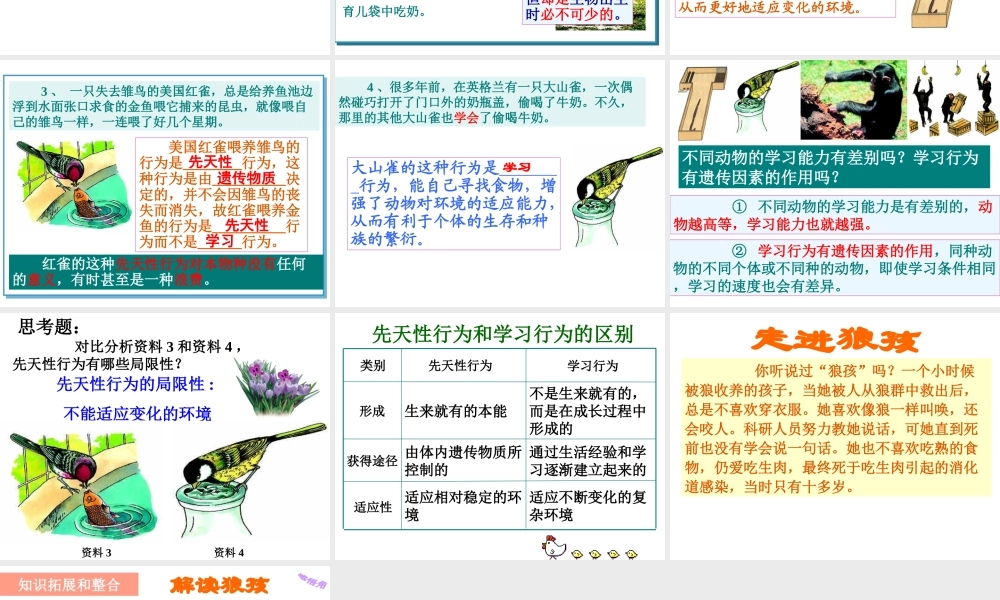 八年级生物上册 第四单元 第二章 第三节 先天性行为和学习行为课件 冀少版-人教版初中八年级上册生物课件