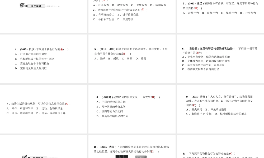 八年级生物上册 第五单元 第二章 第三节 社会行为（第1课时 社会行为特征和群体中的信息交流）习题课件 （新版）新人教版-（新版）新人教版初中八年级上册生物课件