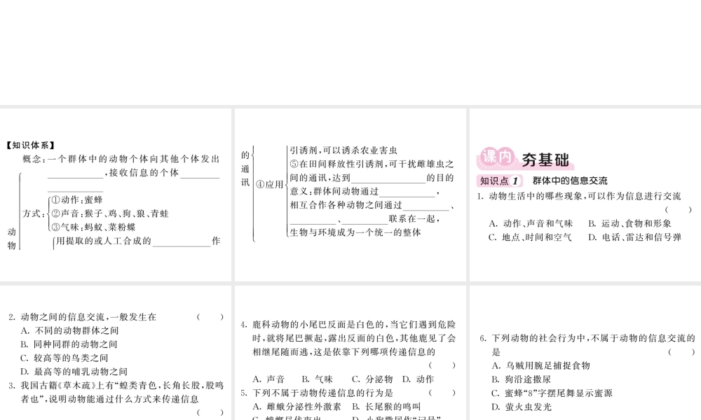 八年级生物上册 第五单元 第二章 第三节 社会行为（第2课时 动物的通讯行为）习题课件 （新版）新人教版-（新版）新人教级上册生物课件