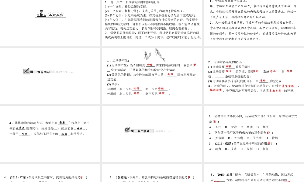 八年级生物上册 第五单元 第二章 第一节 动物的运动（第1课时 运动系统的组成）习题课件 （新版）新人教版-（新版）新人教级上册生物课件