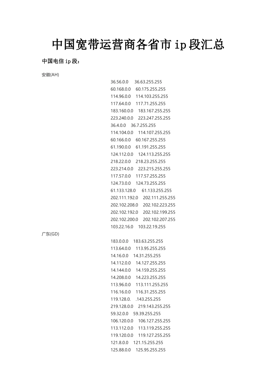 中国宽带运营商各省市ip段汇总_第1页