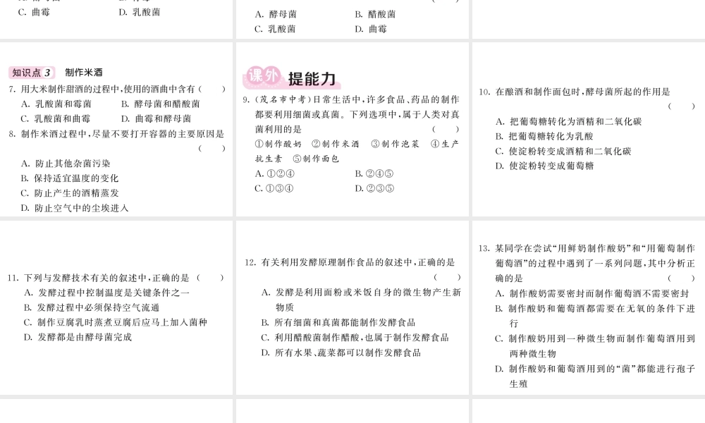 八年级生物上册 第五单元 第四章 第五节 人类对细菌和真菌的利用（第1课时 发酵及食品的制作）习题课件 （新版）新人教版-（新版）新人教级上册生物课件