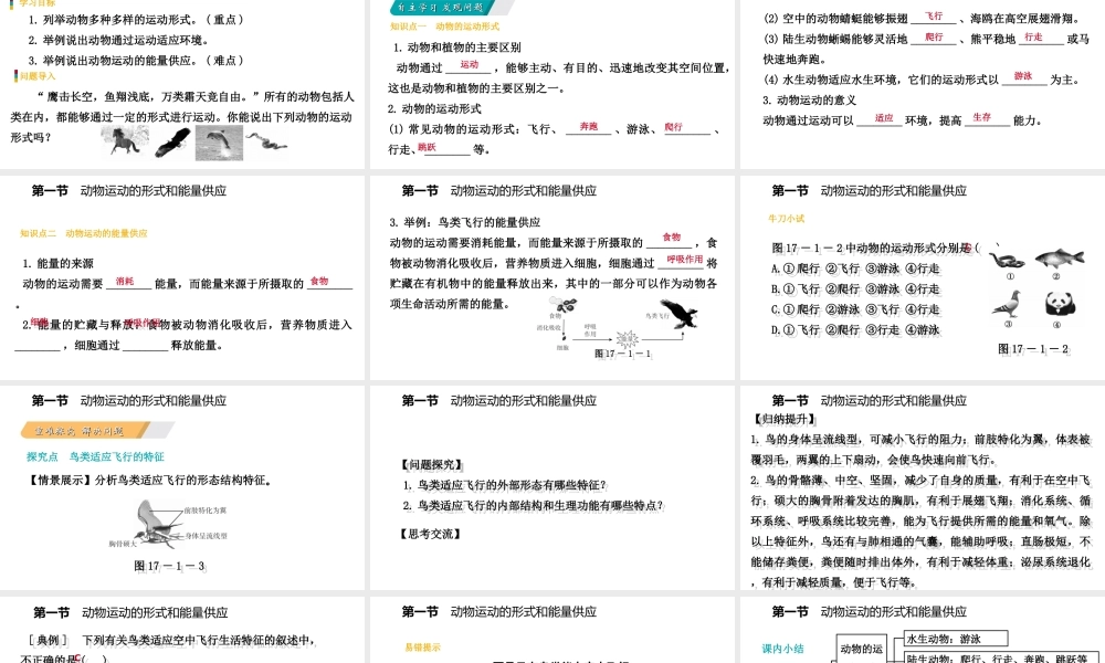 八年级生物上册 第十七章 第一节 动物运动的形式和能量供应课件 （新版）苏教版-（新版）苏教版初中八年级上册生物课件