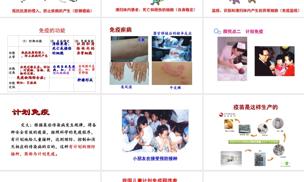 八年级生物下册 8.1.2 免疫与计划免疫（第2课时 免疫的功能与计划免疫、艾滋病）课件 新人教版-新人教版初中八年级下册生物课件