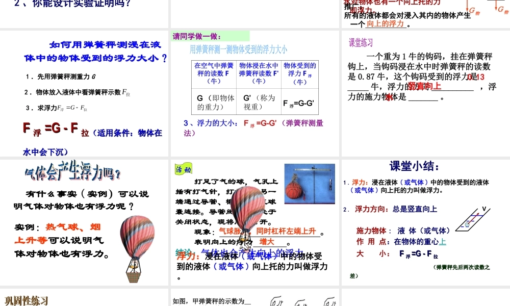 八年级科学上册 第1章 水和水的溶液 1.3《水的浮力》（第1课时）课件 浙教版-浙教版初中八年级上册自然科学课件