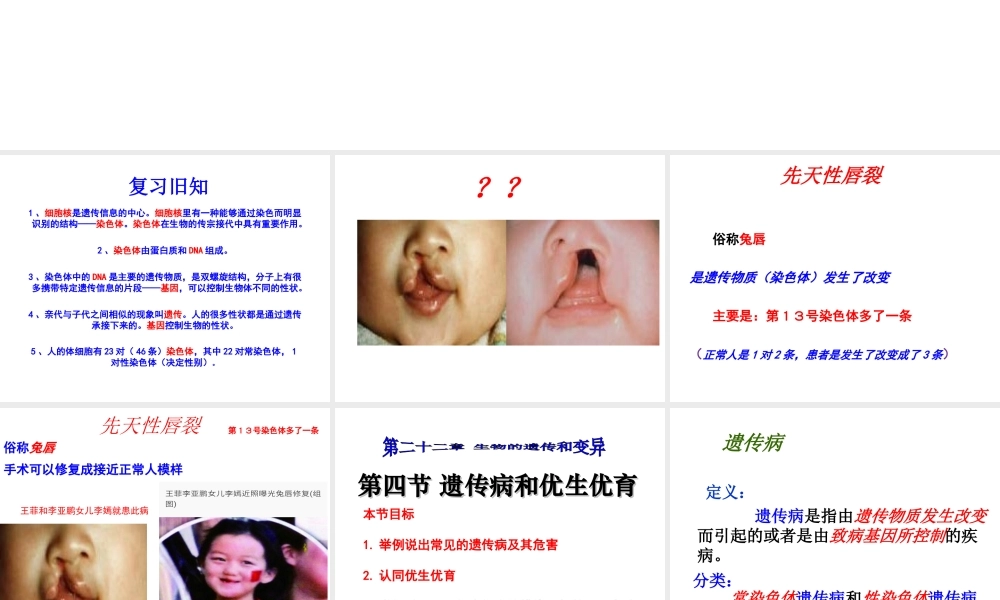 八年级生物下册 第八单元 生物的生殖、发育与遗传 第二十二章 生物的遗传和变异 第四节 遗传病和优生优育课件3（新版）苏教版-（新版）苏教版初中八年级下册生物课件