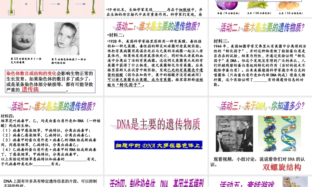 八年级生物下册 第八单元 生物的生殖、发育与遗传 第二十二章 生物的遗传和变异 第一节 DNA是主要的遗传物质课件3（新版）苏教版-（新版）苏教版初中八年级下册生物课件