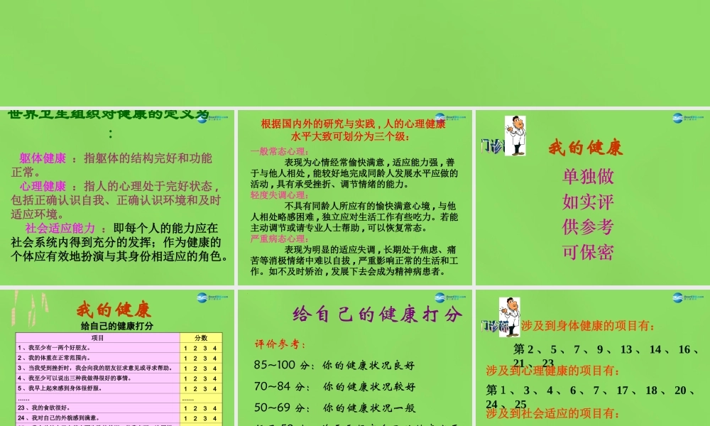 八年级生物下册 第八单元 第三章 第1节《评价自己的健康状况》课件 新人教版