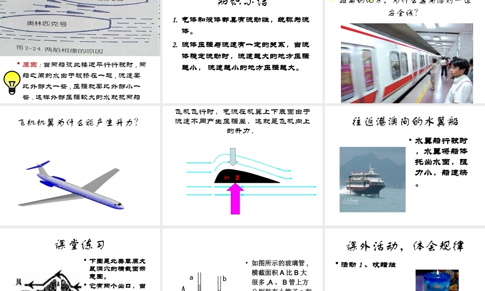 八年级科学上册 第三章 压力 压强 4.流体的压强与流速的关系 华东师大版