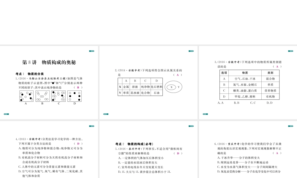 安徽省中考化学考前集训复习 第8讲 物质构成的奥秘习题课件 新人教版-新人教版初中九年级全册化学课件