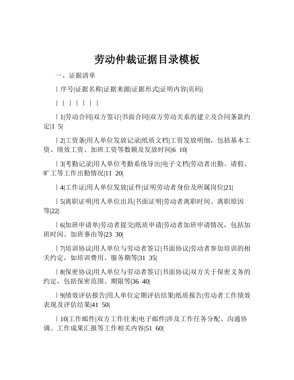 劳动仲裁证据目录模板(完整)_第1页
