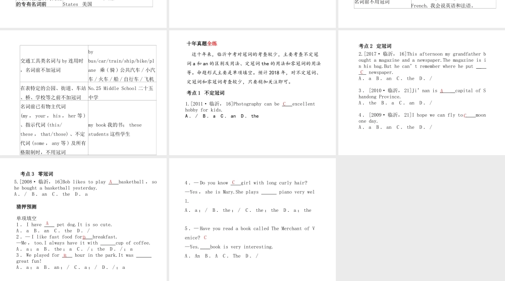 （临沂专版）中考英语总复习 第二部分 专项语法 高效突破 专项2 冠词课件-人教版初中九年级全册英语课件