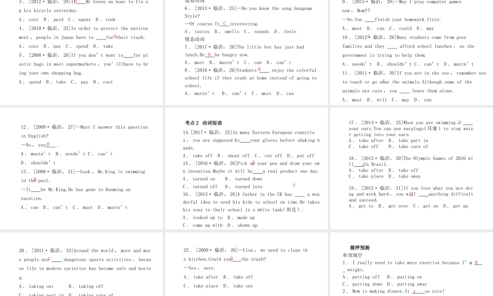 （临沂专版）中考英语总复习 第二部分 专项语法 高效突破 专项9 动词的分类及动词短语课件-人教版初中九年级全册英语课件
