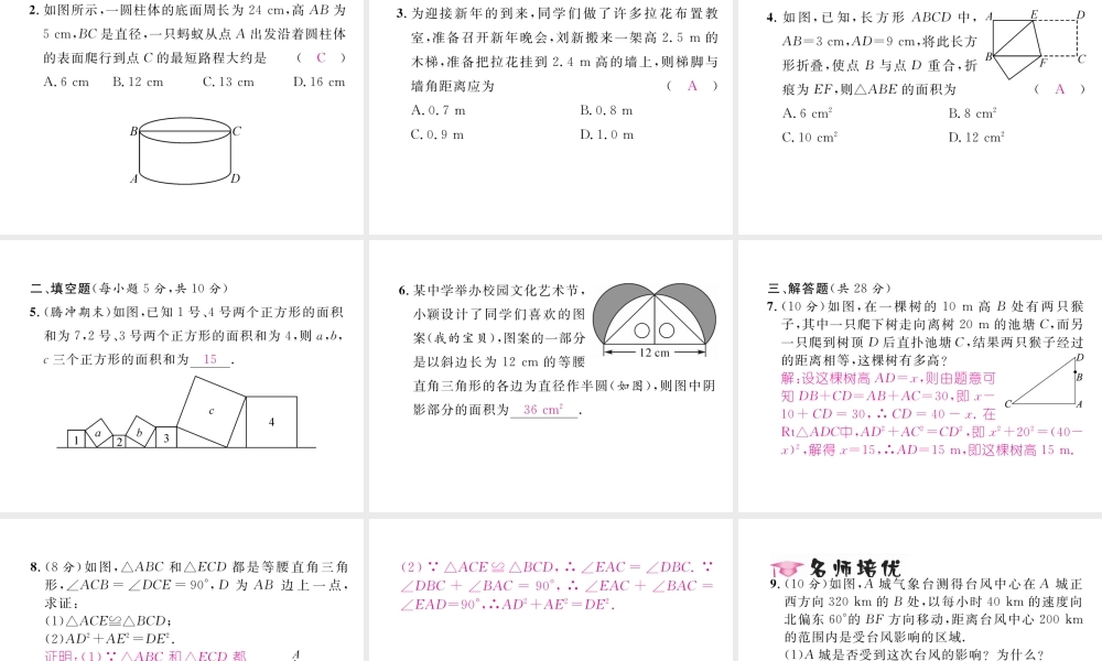 （云南专版）春八年级数学下册 第17章 勾股定理 17.1 勾股定理 第2课时 勾股定理的应用作业课件 （新版）新人教版-（新版）新人教版初中八年级下册数学课件