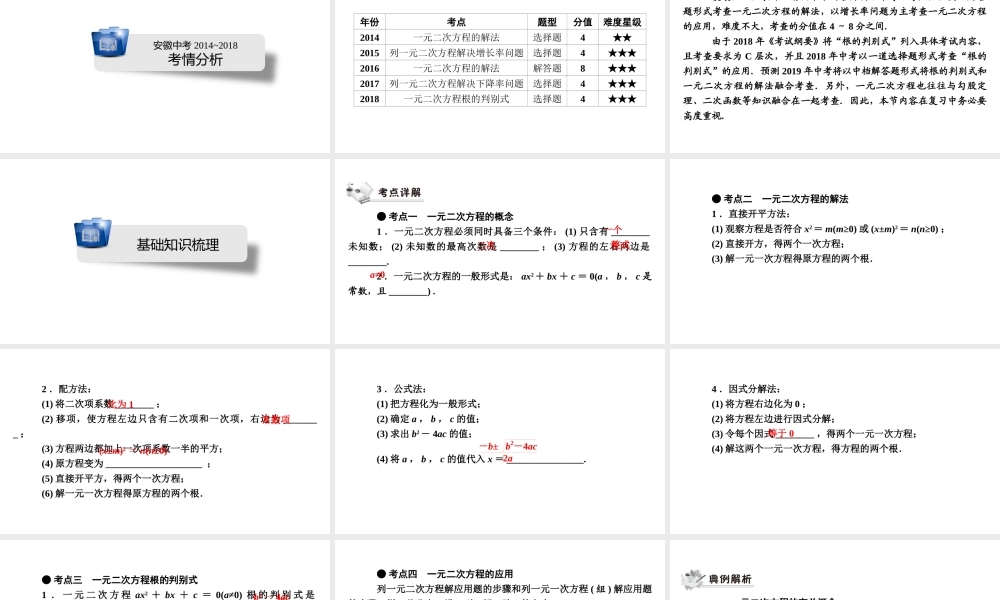 安徽省中考数学决胜一轮复习 第2章 方程（组）与不等式（组）第2节 一元二次方程及其应用课件-人教级全册数学课件