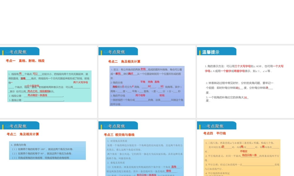 安徽省中考数学总复习 第四单元 三角形 第14课时 几何初步及相交线、平行线（考点突破）课件-人教版初中九年级全册数学课件