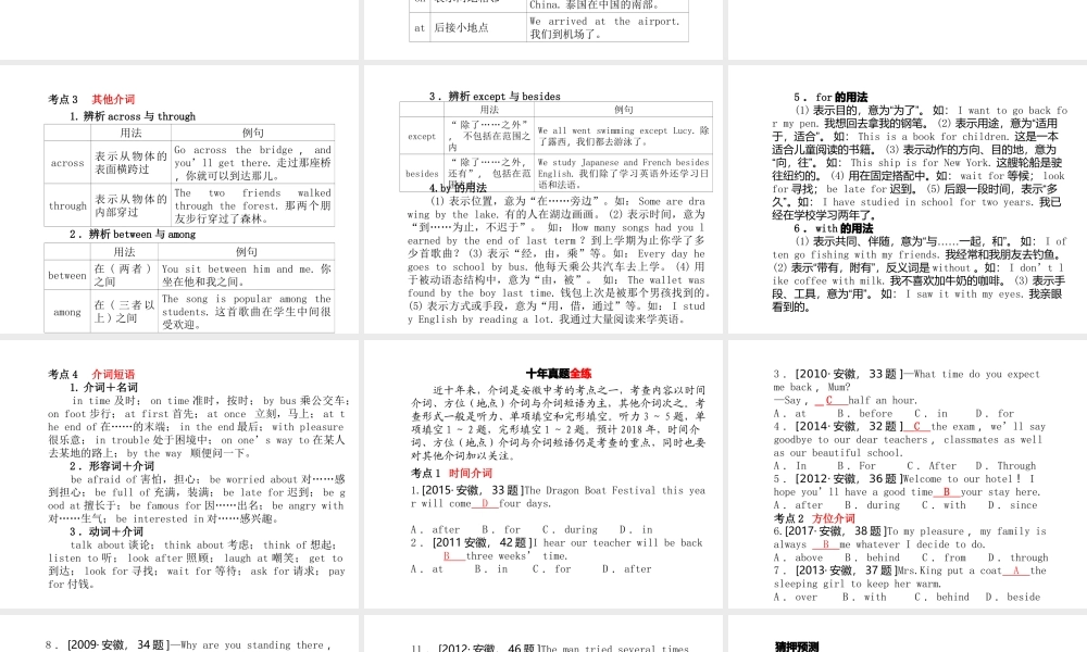 安徽省中考英语 第二部分 专题语法 高效突破 专项5 介词课件-人教版初中九年级全册英语课件