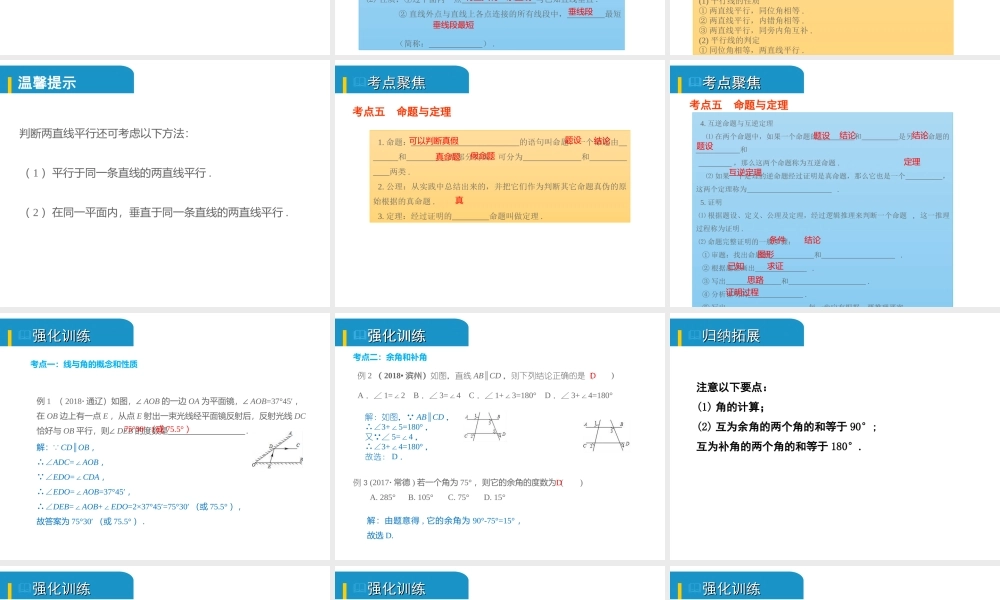安徽省中考数学总复习 第四单元 三角形 第14课时 几何初步及相交线、平行线（考点突破）课件-人教级全册数学课件