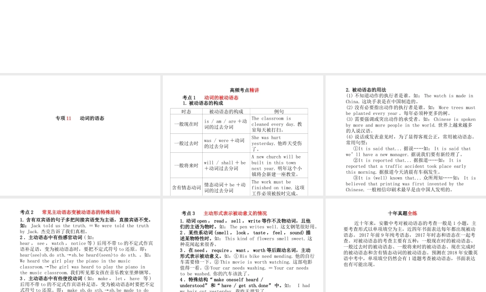 安徽省中考英语 第二部分 专题语法 高效突破 专项11 动词的语态课件-人教版初中九年级全册英语课件