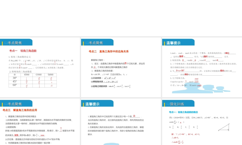 安徽省中考数学总复习 第四单元 三角形 第19课时 解直角三角形及其应用（考点突破）课件-人教版初中九年级全册数学课件