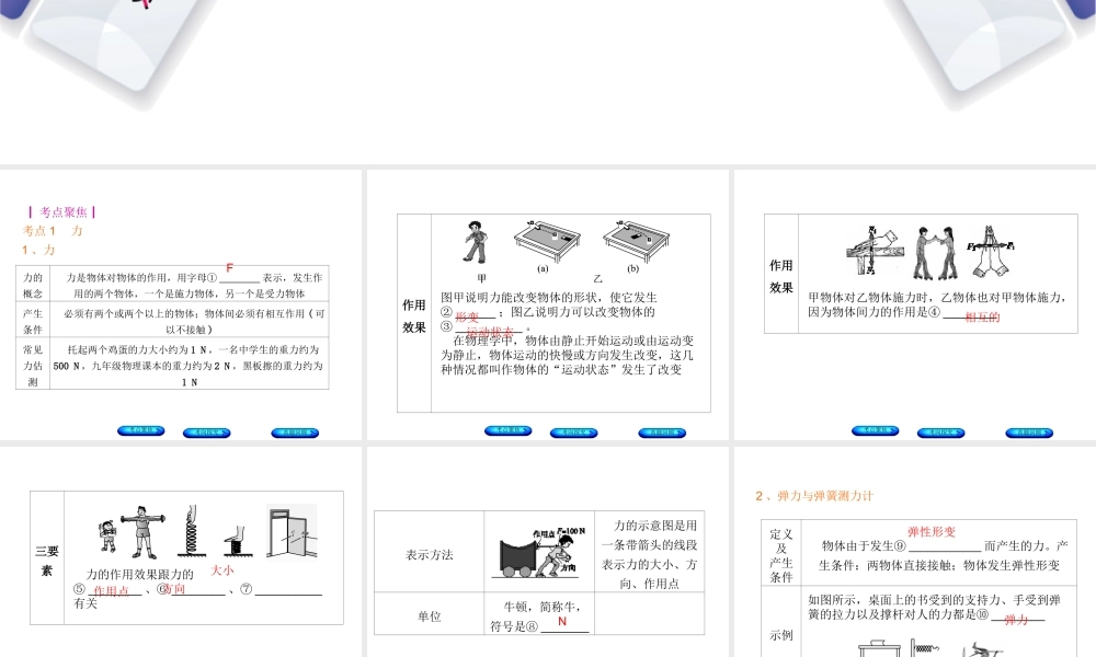 安徽省中考物理 教材复习 第6讲 力 运动和力课件-人教版初中九年级全册物理课件