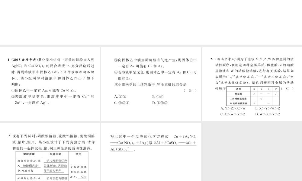 （云南专版）中考化学复习 第二编 专题7 综合探究 五 有关金属活动性顺序的探究（精练）课件-人教版初中九年级全册化学课件