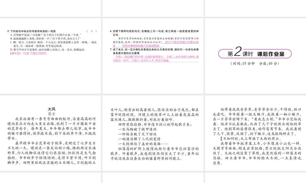 （云南专版）九年级语文下册 7 溜索作业课件 新人教版-新人教版初中九年级下册语文课件