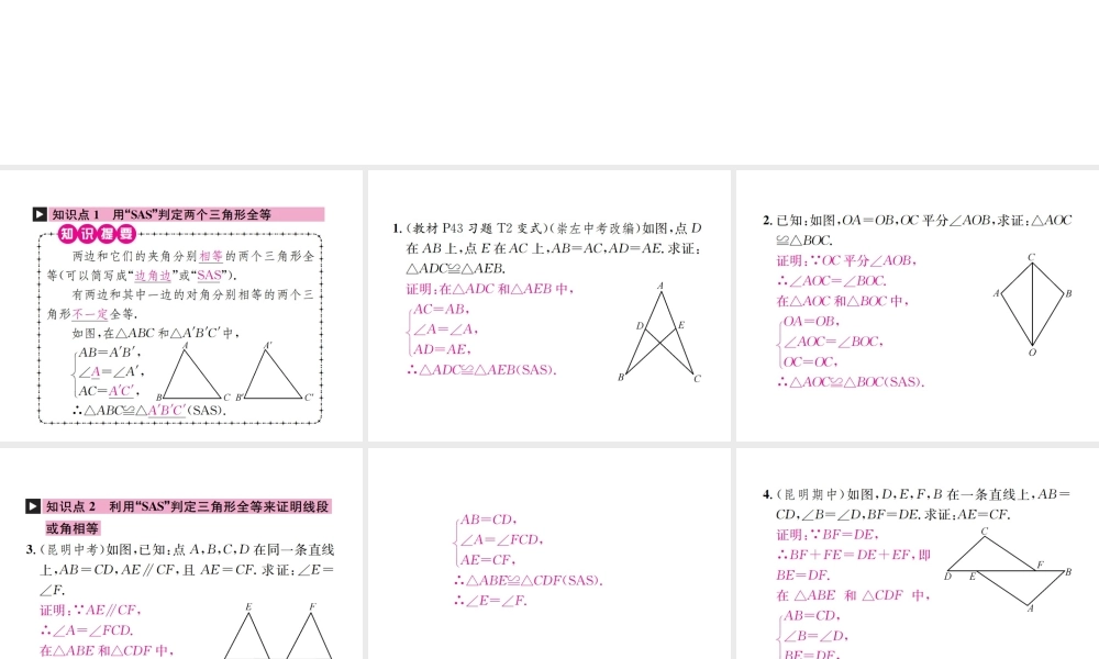 （云南专版）秋八年级数学上册 12.2 三角形全等的判定 第2课时 三角形全等的判定（二）SAS作业课件 （新版）新人教版-（新版）新人教版初中八年级上册数学课件