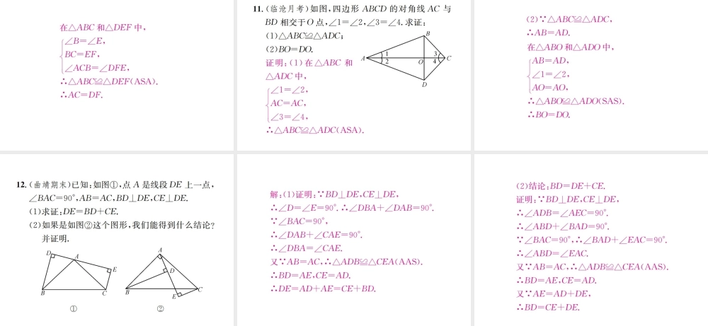 （云南专版）秋八年级数学上册 12.2 三角形全等的判定 第3课时 三角形全等的判定（三）ASA、AAS作业课件 （新版）新人教版-（新版）新人教版初中八年级上册数学课件
