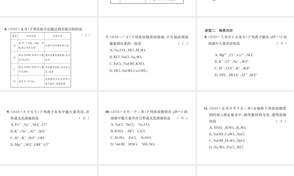 （云南专版）中考化学总复习 滚动小专题（六）物质的检验、鉴别、共存与除杂课件-人教版初中九年级全册化学课件