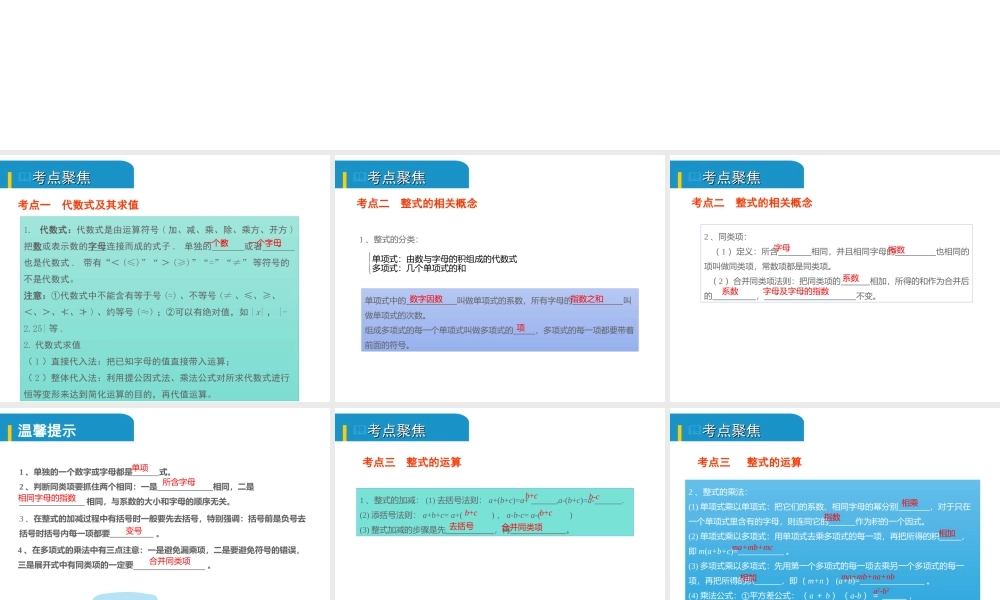 安徽省中考数学总复习 第一单元 数与式 第3课时 整式及因式分解（考点突破）课件-人教版初中九年级全册数学课件