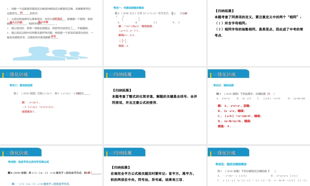 安徽省中考数学总复习 第一单元 数与式 第3课时 整式及因式分解（考点突破）课件-人教版初中九年级全册数学课件