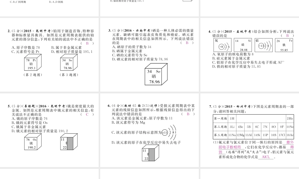 （云南专版）秋九年级化学上册 第3单元 物质构成的奥秘 课题3 元素 第2课时 元素周期表简介习题课件 （新版）新人教版-（新版）新人教版初中九年级上册化学课件