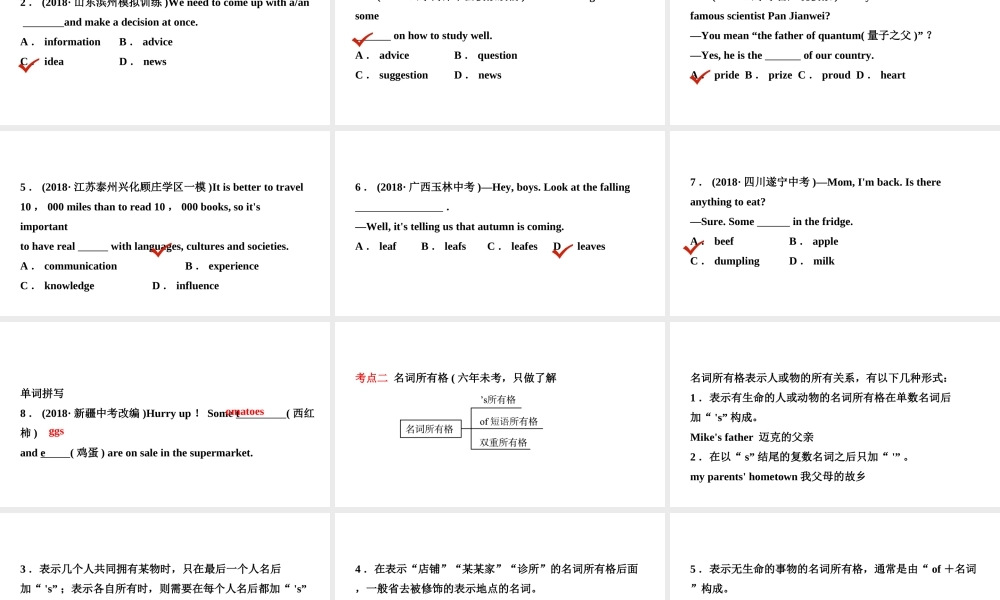 安徽省中考英语总复习 语法专项复习 语法四 名词课件-人教版初中九年级全册英语课件