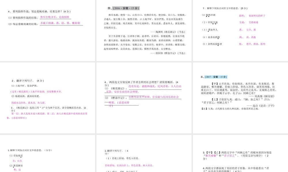 安徽省中考语文 第二部分 文言文阅读 专题二 文言文对比阅读训练复习课件-人教版初中九年级全册语文课件