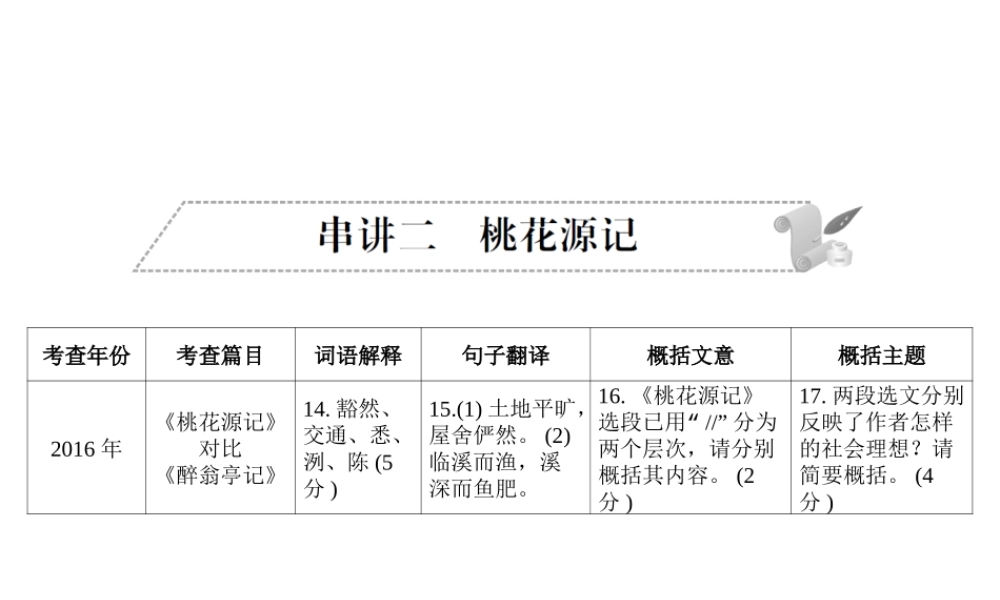安徽省中考语文 第二部分 文言文阅读 专题一 文言文阅读串讲 串讲二 桃花源记复习课件-人教版初中九年级全册语文课件