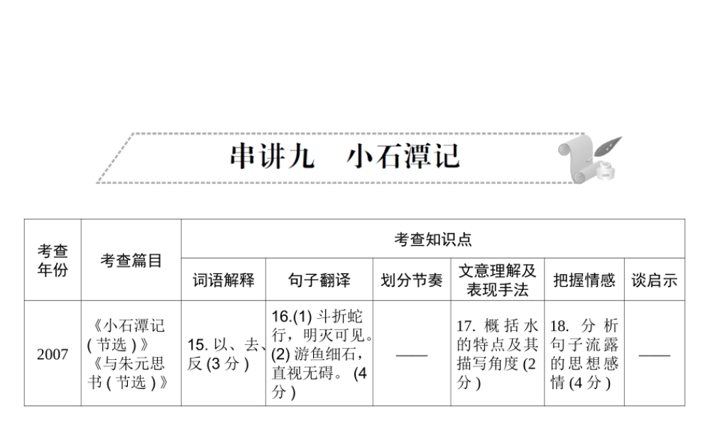 安徽省中考语文 第二部分 文言文阅读 专题一 文言文阅读串讲 串讲九 小石潭记复习课件-人教版初中九年级全册语文课件