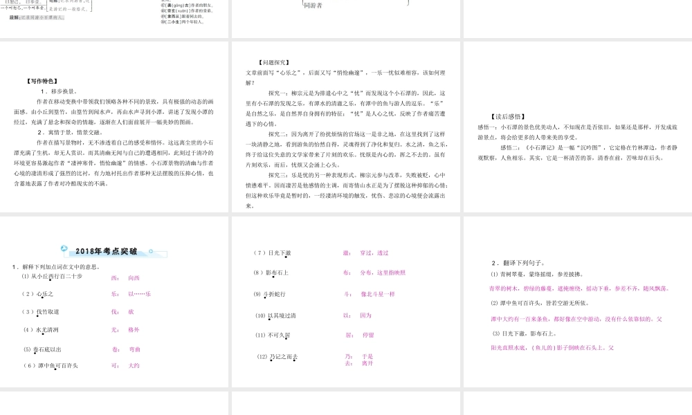 安徽省中考语文 第二部分 文言文阅读 专题一 文言文阅读串讲 串讲九 小石潭记复习课件-人教版初中九年级全册语文课件