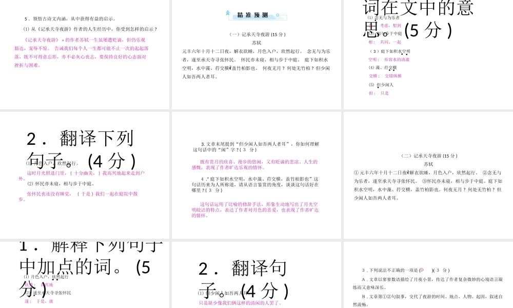 安徽省中考语文 第二部分 文言文阅读 专题一 文言文阅读串讲 串讲六 记承天寺夜游复习课件-人教版初中九年级全册语文课件