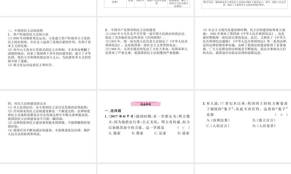 （云南专版）中考历史复习 第2部分 热点专题速查 专题6 中外历史上的民主法治建设课件-人教版初中九年级全册历史课件