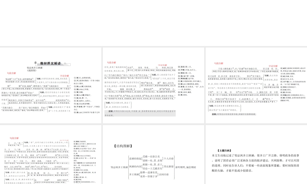 安徽省中考语文 第二部分 文言文阅读 专题一 文言文阅读串讲 串讲十六 邹忌讽齐王纳谏复习课件-人教版初中九年级全册语文课件