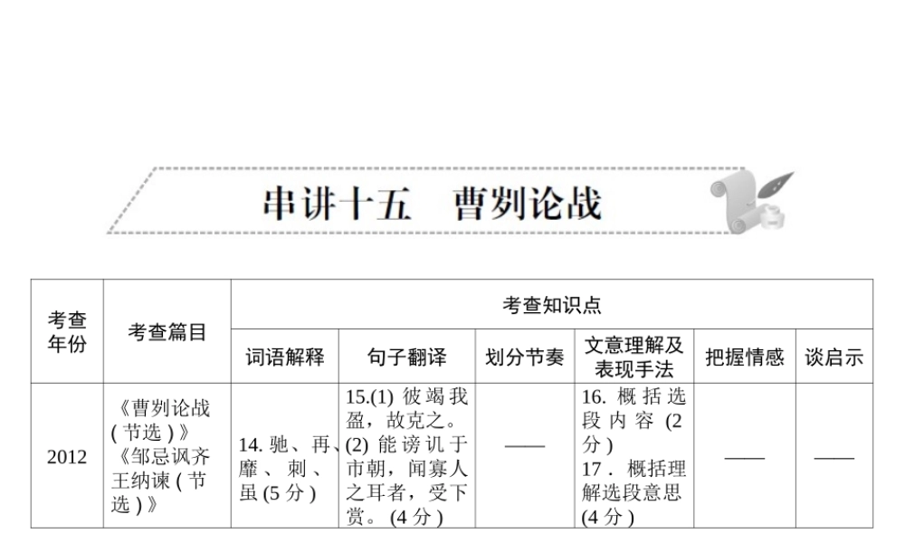 安徽省中考语文 第二部分 文言文阅读 专题一 文言文阅读串讲 串讲十五 曹刿论战复习课件-人教版初中九年级全册语文课件