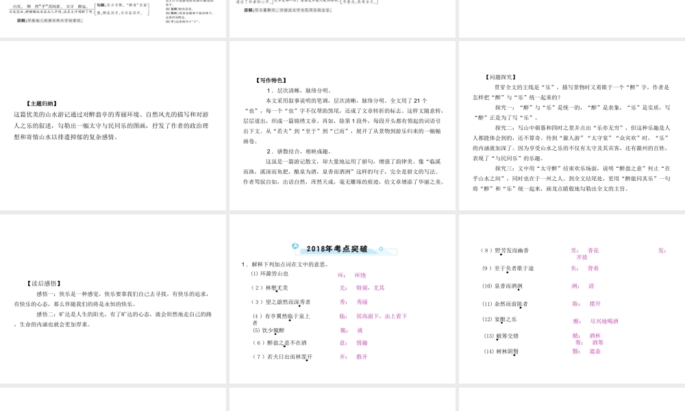 安徽省中考语文 第二部分 文言文阅读 专题一 文言文阅读串讲 串讲十一 醉翁亭记复习课件-人教版初中九年级全册语文课件